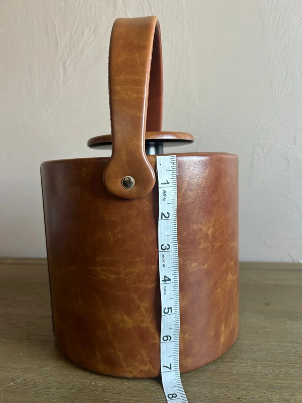 MCM Brown Leather Cylindrical Ice Bucket With Black Accent Made in L. A. USA.